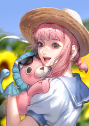 Rule 34 | 1girl, absurdres, anya (spy x family), blurry, braid, depth of field, director chimera (spy x family), flower, from side, green eyes, hat, highres, aged up, open mouth, pink hair, ryeowon kwon, sailor collar, single braid, smile, solo, spy x family, sun hat, sunflower, sunglasses