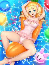 Rule 34 | 1girl, ankle ribbon, blonde hair, blue eyes, blush, bow, breasts, choker, cleavage, cleavage cutout, clothing cutout, gang of heaven, hair bow, leg ribbon, long hair, looking at viewer, lying, masami chie, on back, one-piece swimsuit, open mouth, pink one-piece swimsuit, ribbon, solo, swimsuit, twintails, water