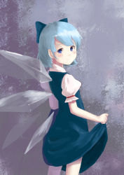 Rule 34 | 1girl, bad id, bad pixiv id, blue eyes, blue hair, blush, bow, cirno, clothes lift, dress, dress lift, from behind, hair bow, highres, ice, ice wings, kujou natsume, looking back, matching hair/eyes, short hair, skirt hold, smile, solo, tometo, touhou, wings