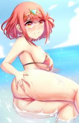 Rule 34 | 1girl, anisdrawn, ass, ass focus, ass grab, bikini, blush, bob cut, breasts, cleavage, highres, large breasts, looking at viewer, pyra (xenoblade), red hair, short hair, sideboob, smile, solo, swimsuit, underboob, xenoblade chronicles (series), xenoblade chronicles 2