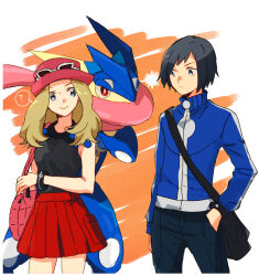 Rule 34 | 1boy, 1girl, ?, bare shoulders, black bag, black hair, black pants, black shirt, blue jacket, brown hair, calem (pokemon), closed mouth, commentary request, creatures (company), dress, eye contact, eyewear on headwear, game freak, gen 6 pokemon, glasses, greninja, hand in pocket, hands on another&#039;s shoulders, hat, highres, hinata (ryohinata), jacket, long hair, long sleeves, looking at another, mega ring, mixed-language commentary, nintendo, pants, pink bag, pink headwear, pokemon, pokemon (creature), pokemon xy, red skirt, serena (pokemon), shirt, short hair, skirt, sleeveless, sleeveless dress, smile