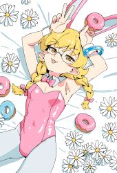 Rule 34 | 1girl, :3, :p, animal ears, armpits, arms up, bangle, black-framed eyewear, blonde hair, blush stickers, bow, bowtie, bracelet, braid, breasts, closed mouth, commentary, covered navel, cowboy shot, detached collar, doughnut, english commentary, flipped hair, flower, food, glasses, hair bow, holding, holding food, jewelry, leotard, long hair, looking at viewer, microsoft paint (medium), monogatari (series), on bed, oshino shinobu, pink bow, pink bowtie, pink leotard, playboy bunny, pointy ears, rabbit ears, ricman rt, ringed eyes, round eyewear, small breasts, solo, straight hair, strapless, strapless leotard, sunflower, thighhighs, tongue, tongue out, twin braids, v, v-shaped eyebrows, white thighhighs, white wrist cuffs, wrist cuffs, yellow eyes