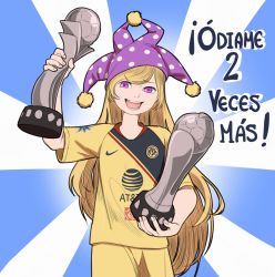 Rule 34 | :d, alternate costume, arm up, ball, blonde hair, clownpiece, club america, commentary request, cowboy shot, globe, hat, jester cap, logo, long hair, looking at viewer, mefomefo, nike (company), open mouth, polka dot, pom pom (clothes), purple eyes, shirt, short sleeves, shorts, smile, soccer, soccer ball, soccer uniform, solo, spanish commentary, spanish text, sportswear, striped, touhou, translation request, trophy, very long hair, yellow shirt, yellow shorts
