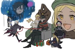 Rule 34 | ?, abigail williams (fate), black hair, blonde hair, blue eyes, box, christmas, christmas present, cup, decorating, drinking, edmond dantes (fate), fate/apocrypha, fate/grand order, fate/requiem, fate (series), fujimaru ritsuka (male), giant, giantess, gift, gift box, hat, highres, jack the ripper (fate/apocrypha), learning with manga! fgo, nursery rhyme (fate), pan (idontlikebreadd), paul bunyan (fate), pointing, ribbon, scarf, staring, utsumi erice, voyager (fate), white hair, wide-eyed
