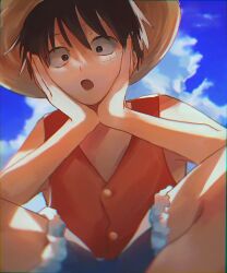 Rule 34 | 1boy, black hair, blue shorts, cloud, hand on own cheek, hand on own face, hat, highres, looking at viewer, machida 0906, male focus, monkey d. luffy, one piece, red shirt, scar, scar on face, shirt, short hair, shorts, sky, solo, squatting, straw hat
