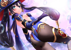 Rule 34 | 1girl, absurdres, aqua eyes, ass, back, bare shoulders, black gloves, black hair, black pantyhose, blue cape, blue hat, blue leotard, blush, bodystocking, breasts, cape, detached sleeves, earrings, elbow gloves, fur collar, genshin impact, gloves, gold trim, hat, hat ornament, highleg, highleg leotard, highres, huge filesize, jewelry, leotard, long hair, looking at viewer, looking back, mona (genshin impact), pantyhose, pendant, sakurada nana, small breasts, solo, star (symbol), star earrings, thighlet, thighs, twintails, vision (genshin impact), witch hat