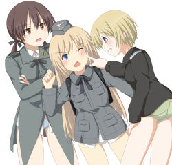 Rule 34 | 3girls, backpack, bag, blonde hair, blue eyes, blush, brown eyes, brown hair, erica hartmann, garrison cap, gertrud barkhorn, grin, hat, helma lennartz, joney, long hair, military, military uniform, multiple girls, one eye closed, open mouth, panties, poking, ribbon, short hair, smile, strike witches, strike witches: suomus misfits squadron, sweatdrop, twintails, underwear, uniform, wink, world witches series