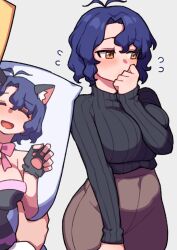 Rule 34 | 1girl, 1other, animal ear fluff, animal ears, animal hands, antenna hair, black sweater, blue hair, blush, bow, bowtie, breast press, breasts, brown skirt, cat ears, clenched hand, closed eyes, commentary, dakimakura (object), flying sweatdrops, gloves, hand up, holding, holding pillow, idolmaster, idolmaster million live!, kwaejina, large breasts, long sleeves, looking away, open mouth, out of frame, paw gloves, pencil skirt, pillow, pink bow, pink bowtie, short hair, sidelocks, skirt, smile, sweater, toyokawa fuka, wavy hair, yellow eyes