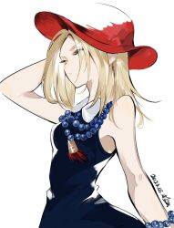 Rule 34 | bead bracelet, bead necklace, beads, black dress, blonde hair, bracelet, breasts, brown eyes, collared dress, dated, dress, expressionless, from side, hat, highres, jewelry, kyouyama anna, medium hair, meow (cindy738), necklace, prayer beads, red hat, shaman king, signature, sketch, sleeveless, small breasts, standing, upper body, white background