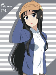 Rule 34 | 1girl, :o, akiyama mio, black eyes, black hair, casual, character name, female focus, hat, ikari manatsu, k-on!, long hair, solo, striped, striped background, very long hair