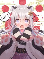 Rule 34 | 1girl, animal ears, animal hands, black hair, blush, chinese zodiac, eyebrows, fang, gloves, hair between eyes, hair ornament, happy new year, highres, japanese clothes, kimono, long hair, long sleeves, looking at viewer, multicolored hair, new year, obi, open mouth, original, paw gloves, purple eyes, sash, siragagaga, straight hair, teeth, tiger ears, tiger paws, two-tone hair, white hair, wide sleeves, year of the tiger