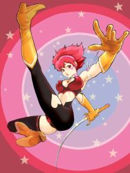 Rule 34 | 00s, 1girl, ass, breasts, cleavage, cleavage cutout, cutie honey, cutie honey (character), covered erect nipples, gloves, heart, heart cutout, kisaragi honey, large breasts, magical girl, re: cutie honey, red hair, solo, sword, takeshi, weapon