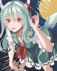 Rule 34 | 1girl, commentary, dress, ex-keine, fingernails, full moon, green dress, green hair, highres, horn ornament, horn ribbon, horns, kamishirasawa keine, long hair, looking at viewer, moon, open mouth, red eyes, red nails, ribbon, shisui0202, solo, tail, touhou, very long hair
