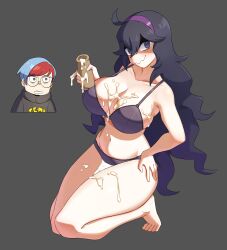 Rule 34 | 2girls, @ @, absurdres, ahoge, alternate breast size, bags under eyes, bare shoulders, barefoot, black-framed eyewear, black sweater, blue hair, blush, bottle, bra, breasts, cleavage, closed mouth, collarbone, constricted pupils, creatures (company), feet, female focus, flowers-imh, full body, game freak, glasses, grey background, grey eyes, hair between eyes, hairband, hand on own hip, hand up, happy, hex maniac (pokemon), highres, holding, holding bottle, kneeling, large breasts, legs, long hair, looking at another, looking at viewer, matching hair/eyes, multicolored hair, multiple girls, navel, nintendo, panties, penny (pokemon), pokemon, pokemon sv, pokemon swsh, pokemon xy, purple bra, purple eyes, purple hair, purple hairband, purple panties, red hair, round eyewear, short hair, sidelocks, simple background, smile, solo focus, stomach, suggestive fluid, sweater, swept bangs, tails gets trolled, thick thighs, thighs, toes, two-tone hair, underwear, underwear only, very long hair, wavy mouth