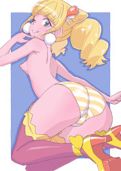 Rule 34 | 1girl, ass, back, black thighhighs, blue background, blunt bangs, breasts, closed mouth, commentary, crotch seam, cure sparkle, earrings, finger to face, floating, from behind, hair ornament, healin&#039; good precure, high heels, highres, hiramitsu hinata, jewelry, legs up, looking at viewer, looking back, magical girl, medium hair, miyagoe yoshitsuki, nipples, one eye closed, outside border, panties, precure, sidelocks, small breasts, smile, solo, striped clothes, striped panties, thighhighs, topless, twintails, underwear, underwear only, yellow footwear, yellow panties