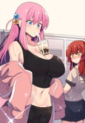 Rule 34 | 2girls, absurdres, aqua eyes, bare shoulders, black shorts, black skirt, black tank top, blue eyes, blurry, blurry background, blush, bocchi the rock!, breast awe, breasts, brown sailor collar, brown serafuku, bubble tea, bubble tea challenge, cleavage, closed mouth, collarbone, commentary, cube hair ornament, cup, disposable cup, drinking, drinking straw, drinking straw in mouth, english commentary, glint, gotoh hitori, green eyes, groin, gym pants, hair between eyes, hair ornament, highres, hinghoi, jacket, jacket partially removed, kita ikuyo, large breasts, locker, locker room, long bangs, long hair, long sleeves, looking at another, looking at breasts, looking down, midriff, multiple girls, navel, object on breast, one side up, open clothes, open jacket, pink hair, pink jacket, pink track suit, pleated skirt, raised eyebrows, red hair, sailor collar, school uniform, serafuku, short sleeves, shorts, skirt, sleeves past fingers, sleeves past wrists, sparkling sweat, stomach, sweat, sweaty clothes, tank top, track jacket