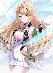Rule 34 | .com (bot com1), aegis sword (xenoblade), bare legs, bare shoulders, blonde hair, breasts, chest jewel, cleavage, cleavage cutout, clothing cutout, dress, earrings, elbow gloves, gem, gloves, headpiece, highres, jewelry, large breasts, long hair, mythra (xenoblade), one-piece swimsuit, short dress, solo, strapless, strapless one-piece swimsuit, swept bangs, swimsuit, tiara, very long hair, white dress, white gloves, xenoblade chronicles (series), xenoblade chronicles 2, yellow eyes