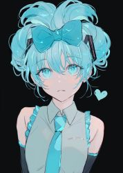 Rule 34 | 1girl, aqua theme, armpit crease, arms at sides, bare shoulders, black background, black sleeves, blue bow, blue eyes, blue necktie, bow, breasts, cinnamiku, collared shirt, detached sleeves, double bun, expressionless, eyelashes, frills, grey shirt, hair between eyes, hair bow, hair bun, hair strand, hatsune miku, heart, highres, looking at viewer, makoto (roketto-massyumaro), medium breasts, necktie, parted lips, sanrio, shirt, simple background, sleeveless, sleeveless shirt, solo, tareme, updo, upper body, vocaloid