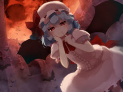 Rule 34 | 1girl, bat (animal), bat wings, commentary request, dress, finger to mouth, gengetsu chihiro, hand on own face, hat, hat ribbon, highres, looking at viewer, mob cap, moon, night, pink dress, puffy short sleeves, puffy sleeves, red eyes, red moon, remilia scarlet, ribbon, short sleeves, silver hair, sky, solo, touhou, wings