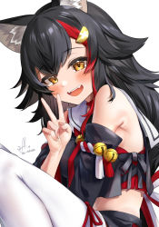 Rule 34 | 1girl, :d, animal ear fluff, animal ears, bare shoulders, bell, black hair, blush, brown eyes, detached sleeves, from side, hair ornament, hand up, highres, hololive, hololive gamers, jingle bell, kito koruta, knees up, kouhaku nawa, long hair, looking at viewer, multicolored hair, ookami mio, ookami mio (1st costume), open mouth, red hair, rope, sailor collar, shimenawa, signature, simple background, smile, solo, streaked hair, thighhighs, v, virtual youtuber, white background, white sailor collar, white thighhighs, wolf ears