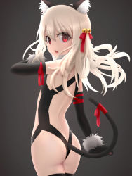 Rule 34 | 1girl, animal ear fluff, animal ears, animal hands, arm ribbon, ass, back, bell, black background, black gloves, black thighhighs, blonde hair, butt crack, cat ears, cat tail, elbow gloves, fake animal ears, fate/kaleid liner prisma illya, fate (series), fur trim, gloves, hair bell, hair between eyes, hair ornament, hair ribbon, highres, illyasviel von einzbern, jingle bell, long hair, looking at viewer, looking back, official alternate costume, open mouth, paw gloves, red eyes, red ribbon, ribbon, simple background, siraha, solo, standing, tail, thighhighs