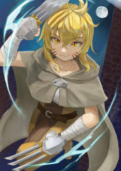 Rule 34 | 1girl, absurdres, argo the rat, bandaged arm, bandages, blonde hair, brick wall, cape, commentary request, crossed bangs, facial mark, full moon, highres, looking at viewer, moon, night, smile, smirk, solo, suzui sen, sword art online, weapon request, whisker markings, yellow eyes