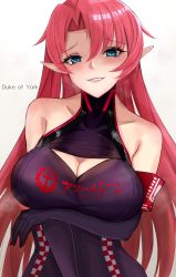 Rule 34 | 1girl, azur lane, bare shoulders, black gloves, black leotard, blue eyes, blush, breasts, cleavage, cleavage cutout, clothing cutout, commentary request, duke of york (azur lane), duke of york (prestige of the glorious formula) (azur lane), elbow gloves, gloves, hair between eyes, highres, large breasts, leotard, long hair, looking at viewer, official alternate costume, pointy ears, race queen, red hair, shusiki, solo, taut leotard, very long hair