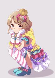 Rule 34 | 1girl, ahoge, belly chain, blue eyes, blush, brown hair, candy, closed mouth, crown, dress, elbows on knees, food, from side, full body, gem, gloves, grey background, hair ornament, hair ribbon, head rest, high heels, highres, idolmaster, idolmaster million live!, idolmaster million live! theater days, jewelry, layered dress, looking at viewer, mini crown, multicolored clothes, multicolored dress, pearl (gemstone), pink ribbon, polka dot, puffy short sleeves, puffy sleeves, purple ribbon, ribbon, short hair, short sleeves, simple background, smile, solo, squatting, star (symbol), striped clothes, striped thighhighs, suou momoko, thighhighs, white gloves, white thighhighs, yukipo p