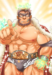 Rule 34 | 1boy, abs, bara, bare pectorals, beard, black mask, brown hair, bulge, bunta ru, cape, christmas, cigar, ded (housamo), facial hair, fur-trimmed cape, fur trim, highres, large pectorals, looking at viewer, male focus, mature male, muscular, muscular male, nipples, pectorals, pointing, pointing at viewer, red cape, santa costume, short hair, solo, stomach, thick thighs, thighs, tokyo houkago summoners, wrestling outfit