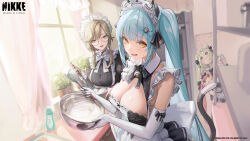Rule 34 | 4girls, @ @, absurdres, ade (nikke), animal ear fluff, animal ears, apron, aqua hair, black dress, black ribbon, bowl, breasts, cat ears, cocoa (nikke), copyright name, curtains, day, dress, elbow gloves, english text, frilled apron, frills, glasses, gloves, goddess of victory: nikke, green eyes, hair ornament, hairclip, highres, holding, holding bowl, holding whisk, indoors, juliet sleeves, large breasts, long sleeves, mixing bowl, multiple girls, official art, open mouth, parted bangs, privaty (nikke), privaty (unkind maid) (nikke), puffy sleeves, raised eyebrows, ribbon, soda (nikke), sunlight, swept bangs, teeth, twintails, upper teeth only, watermark, whisk, white apron, white gloves, window, yellow eyes