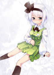 Rule 34 | 1girl, black socks, blue eyes, breasts, female focus, hair ribbon, hairband, hand on own stomach, highres, kneehighs, konpaku youmu, md5 mismatch, nanaroku (fortress76), resolution mismatch, ribbon, short hair, silver hair, sitting, small breasts, smile, socks, solo, source smaller, touhou, wet, wet clothes