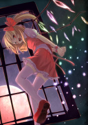 Rule 34 | 1girl, ascot, blonde hair, bow, embodiment of scarlet devil, female focus, flandre scarlet, full moon, hair bow, hat, looking back, mary janes, moon, nullken, ponytail, puffy short sleeves, puffy sleeves, red eyes, shoes, short hair, short hair with long locks, short sleeves, side ponytail, skirt, solo, thighhighs, touhou, white thighhighs, window, wings, wrist cuffs, zettai ryouiki