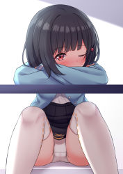Rule 34 | 1girl, black hair, black skirt, blue jacket, blunt bangs, blush, bob cut, commentary request, covered mouth, crossed arms, feet out of frame, granblue fantasy, hekomii, jacket, knees up, long sleeves, looking at viewer, one eye closed, panties, pleated skirt, shirt, simple background, skirt, solo, table, thighhighs, underwear, vikala (granblue fantasy), white background, white panties, white shirt, white thighhighs