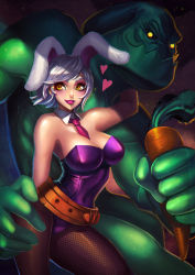 Rule 34 | 1boy, 1girl, absurdres, alternate costume, animal ears, battle bunny riven, breasts, carrot, cleavage, colored skin, fake animal ears, green skin, highres, jenny kung, league of legends, looking at viewer, monster boy, playboy bunny, rabbit ears, riven (league of legends), silver hair, zac (league of legends)