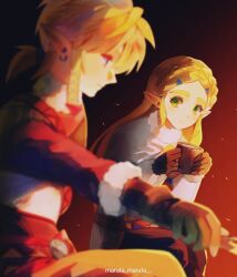 Rule 34 | 1boy, 1girl, black gloves, blonde hair, blurry, blurry foreground, campfire, cup, earrings, embers, fur trim, gloves, green eyes, hair between eyes, hair ornament, hairclip, highres, holding, holding cup, jacket, jewelry, light blush, link, long hair, looking at another, maruta maruta, medium hair, nintendo, parted bangs, pointy ears, princess zelda, red jacket, sidelocks, sitting, smile, the legend of zelda, the legend of zelda: breath of the wild, thick eyebrows, twitter username