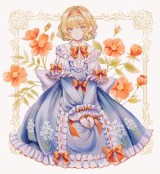 Rule 34 | 1girl, alice margatroid, back bow, blonde hair, blue dress, blue eyes, bow, center frills, commentary, curly hair, dress, dress bow, flower, frilled dress, frilled hairband, frilled shirt collar, frills, full body, hairband, highres, hourai kiriri, long sleeves, looking at viewer, own hands together, parted lips, red bow, red flower, red hairband, seiza, shirt, short hair, sitting, solo, touhou, white bow, white shirt