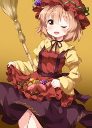 Rule 34 | 1girl, aki minoriko, apron, apron hold, black ribbon, black skirt, blonde hair, blouse, broom, brown eyes, food, food-themed hair ornament, food on clothes, fruit, gradient background, grape hair ornament, grapes, hair ornament, hat, highres, long sleeves, mob cap, neck ribbon, one-hour drawing challenge, one eye closed, open mouth, persimmon, puffy sleeves, ribbon, ruu (tksymkw), shirt, short hair, skirt, smile, solo, standing, touhou, yellow background, yellow shirt