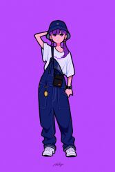 Rule 34 | 1girl, absurdres, arm behind head, black headwear, black overalls, expressionless, highres, long hair, looking at viewer, miyoshi yoshimi, original, overalls, print shirt, purple background, purple eyes, purple hair, purple theme, shirt, shoes, short sleeves, simple background, solo, white footwear, white shirt