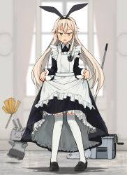 Rule 34 | 1girl, alternate costume, anchor hair ornament, annin musou, apron, black dress, black hairband, blonde hair, box, commentary request, dress, dress shirt, enmaided, frilled apron, frilled dress, frills, grey eyes, hair ornament, hairband, highres, kantai collection, long hair, looking at viewer, maid, maid headdress, mop, rensouhou-chan, shimakaze (kancolle), shirt, solo, white apron, window