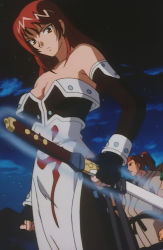 Rule 34 | 1boy, 1girl, bare shoulders, breasts, cleavage, elbow gloves, fingerless gloves, gloves, glowing, himiko-den, imari (himiko-den), red hair, screencap, small breasts, sword, weapon