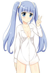 Rule 34 | 1girl, azur lane, blue eyes, blue hair, blush, breasts, cleavage, collarbone, commentary request, dress shirt, highres, hiroki (eurbcd743), long hair, looking at viewer, medium breasts, naked shirt, shirt, simple background, solo, standing, twintails, v, vincennes (azur lane), white background