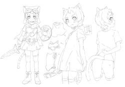 Rule 34 | 1girl, animal ears, armor, ass, belt, bike shorts, boots, breastplate, cape, cat ears, cat tail, fang, from behind, goggles, goggles on head, holding, holding sword, holding weapon, matsuri (princess connect!), monochrome, princess connect!, princess connect!, satsuyo, shield, short hair, smile, solo, standing, sword, tail, thighhighs, tunic, weapon