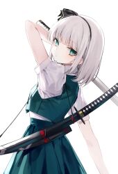 Rule 34 | 1girl, absurdres, black hairband, blunt bangs, closed mouth, green eyes, green skirt, hairband, highres, holding, holding sword, holding weapon, katana, kitere, konpaku youmu, looking at viewer, short hair, short sleeves, simple background, skirt, sword, touhou, weapon, white background