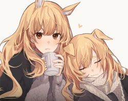Rule 34 | 2girls, absurdres, animal ears, arknights, aunt and niece, blemishine (arknights), blonde hair, blush, brown scarf, brown sweater, cape, closed eyes, commentary, cup, extra ears, floppy ears, heart, highres, holding, holding cup, horse ears, horse girl, incest, light smile, long hair, looking at viewer, mug, multiple girls, parted lips, portrait, ryat, scarf, simple background, sleeping, sleeping on person, sweater, symbol-only commentary, thick eyebrows, whislash (arknights), white background, white cape, yellow eyes, yuri