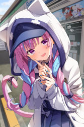 Rule 34 | 1girl, :d, animal hood, baseball cap, blue choker, blue hair, blue nails, blue skirt, blurry, blush, braid, cat tail, choker, commentary request, familymart, hat, highres, hololive, hood, hood up, hooded jacket, index finger raised, jacket, long sleeves, looking at viewer, minato aqua, minato aqua (sailor), multicolored hair, nail polish, neko (minato aqua), open clothes, open jacket, open mouth, pink hair, pleated skirt, purple eyes, ribbon, ribbon choker, skirt, smile, solo, summer tail720, tail, tail ornament, tail ribbon, twin braids, twintails, two-tone hair, virtual youtuber, white jacket