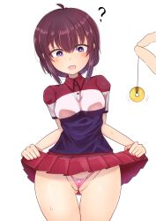 Rule 34 | 1girl, ?, blush, breasts, brown hair, cameltoe, cleft of venus, clothes lift, highres, hypnosis, large breasts, lifted by self, machikado mazoku, mind control, open mouth, panties, pendulum, pink panties, purple eyes, sata anri, short hair, simple background, skirt, skirt lift, smile, spendr, thong, underwear, white background
