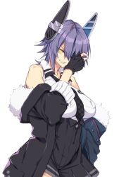 Rule 34 | 10mo, 1girl, bare shoulders, black skirt, breast pocket, breasts, checkered clothes, checkered necktie, checkered neckwear, commentary request, cowboy shot, dress shirt, fur-trimmed jacket, fur trim, highres, jacket, kantai collection, large breasts, necktie, pleated skirt, pocket, purple hair, shirt, short hair, simple background, skirt, solo, tenryuu (kancolle), tenryuu kai ni (kancolle), white background, yellow eyes