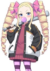 Rule 34 | 1girl, alternate costume, baseball bat, beatrice (re:zero), blonde hair, blowing bubbles, blue eyes, blush, chewing gum, commentary request, cowboy shot, drill hair, hand in pocket, holding, holding baseball bat, jacket, long sleeves, looking at viewer, metal baseball bat, open clothes, open jacket, pink pupils, pink thighhighs, pocket, purple thighhighs, re:zero kara hajimeru isekai seikatsu, red sweater, s (hdru2332), simple background, solo, standing, striped clothes, striped thighhighs, sweater, symbol-shaped pupils, thighhighs, twin drills, white background