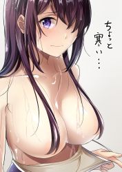 Rule 34 | 1girl, absurdres, bare shoulders, blush, breasts, cleavage, clothes pull, collarbone, grey background, hair over breasts, hair over one eye, highres, karaage bou, large breasts, long hair, looking at viewer, one-piece swimsuit, one-piece swimsuit pull, original, purple eyes, purple hair, purple one-piece swimsuit, sidelocks, simple background, solo, swimsuit, topless, wet