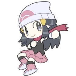 Rule 34 | 1girl, beanie, black eyes, black hair, black socks, boots, closed mouth, creatures (company), dawn (pokemon), dawnlover 01, floating scarf, full body, game freak, hat, highres, long hair, looking at viewer, nintendo, pink footwear, pokemon, pokemon dppt, purple scarf, scarf, simple background, smile, socks, solo, white background, white hat